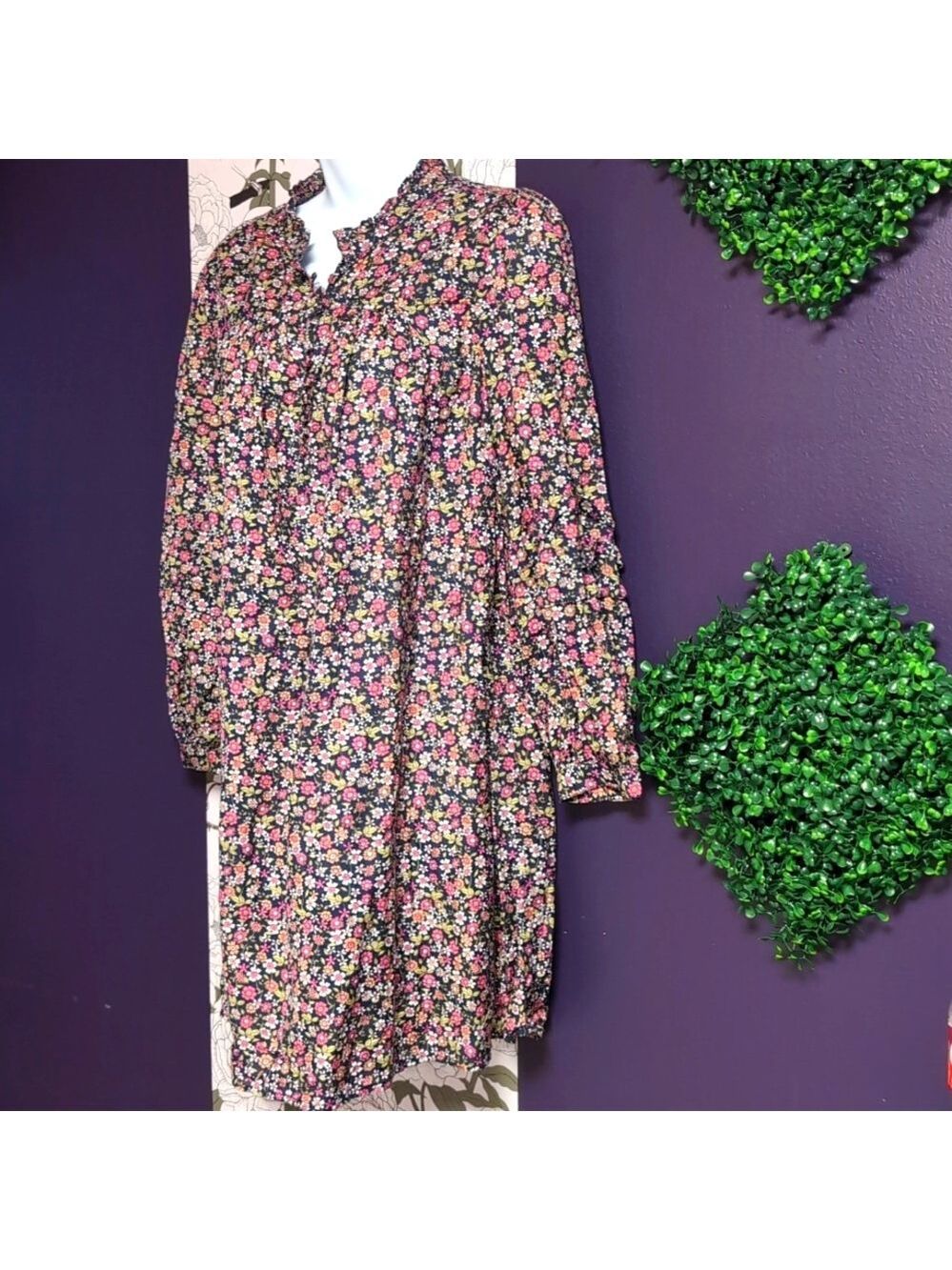 J. Crew Floral Long Sleeve Dress - Black and Pink - Picture 3 of 5